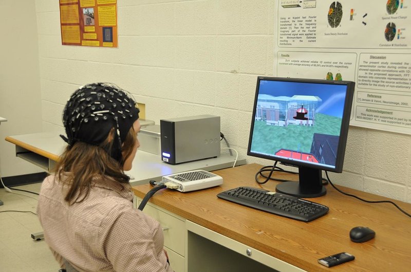 User controls flight of a 3D virtual helicopter using brain waves