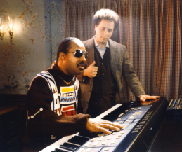 Kurzweil Music Systems Ray Kurzweil with Stevie Wonder and Kurzweil 250 synthesizer in living room