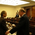 Ray Kurzweil speaking with Sherwood Boehlert, Chairman of the House Science Committee, on April 9, 2003, after testifying on the societal impact of nanotechnology