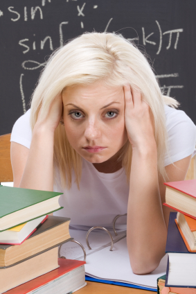 College student woman studying math exam